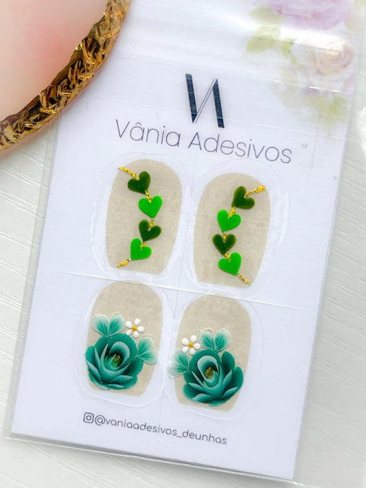 Nail Decals | Emerald Rose Chain | Luxury Handpainted Nail Art Decals - Tips of Elegance
