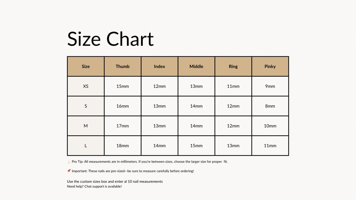 Size chart press on nails tips of elegance