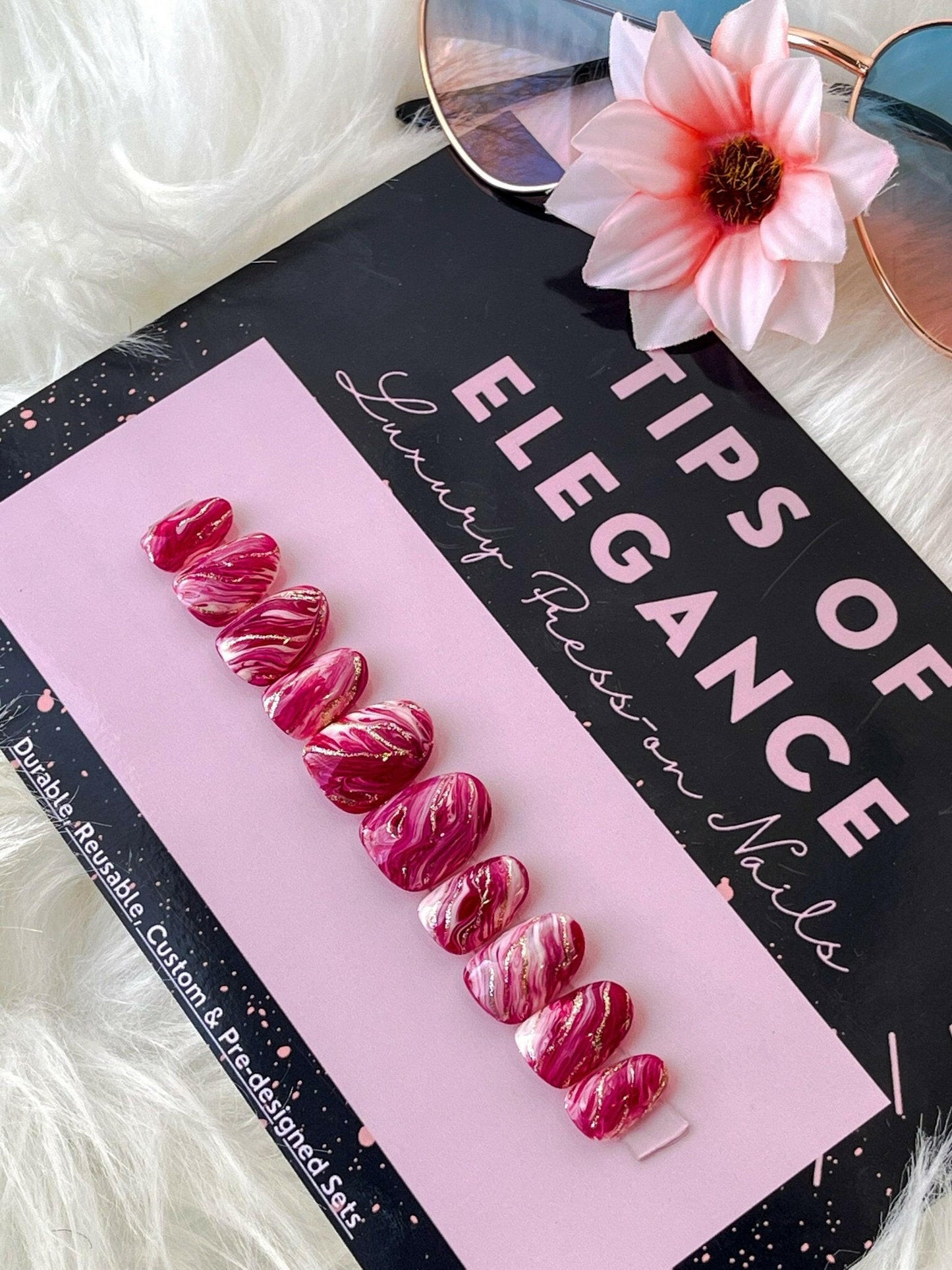 Raspberry Swirl Cheesecake | Pre-Design Custom Press-on Nail Set - Tips of Elegance