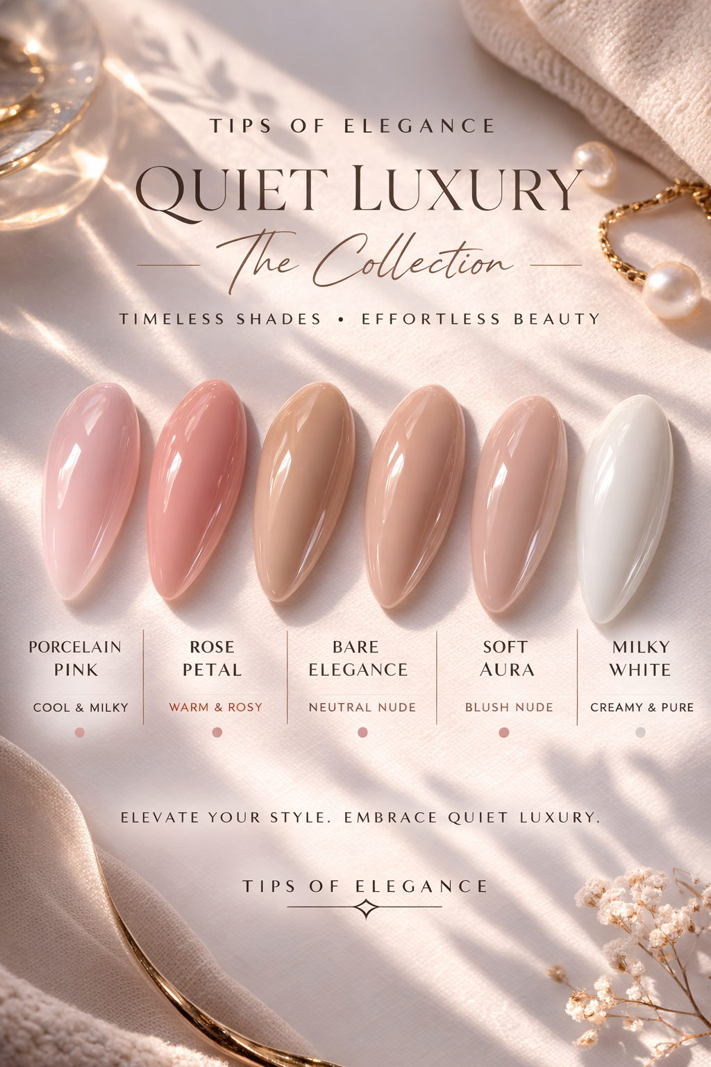 Quiet Luxury nail wardrobe featuring five neutral almond press-on nail shades — Porcelain Pink, Champagne Veil, Bare Elegance, Soft Aura, and Milky White — displayed across multiple skin tones by Tips of Elegance.