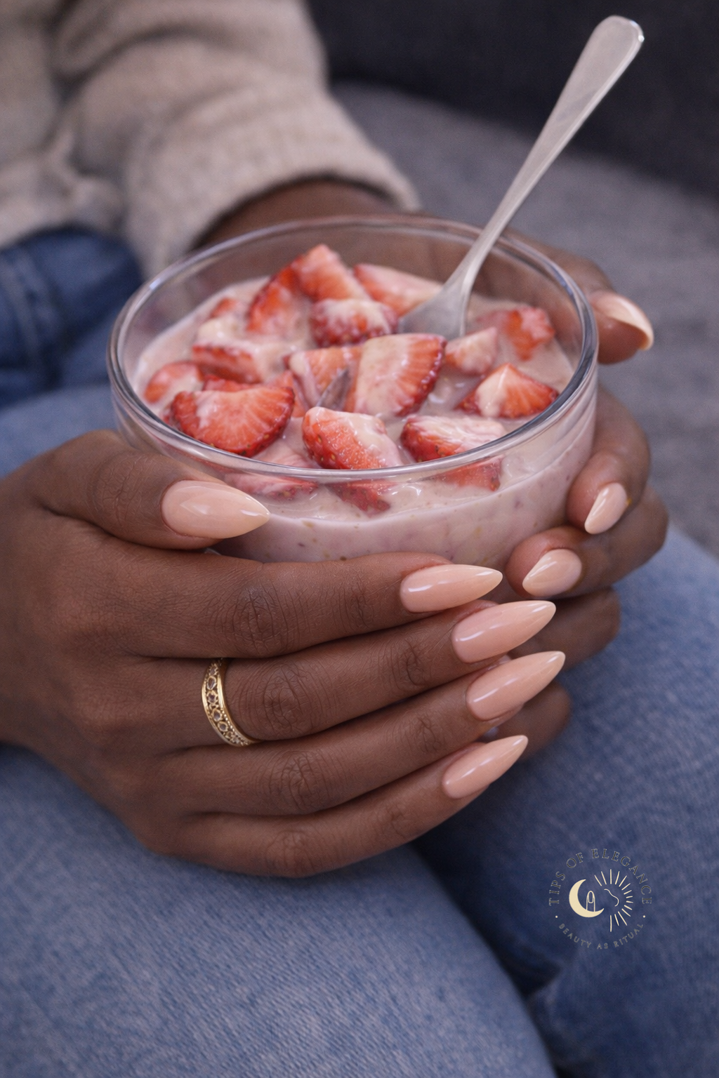 Person holding a bowl of strawberry yogurt with a spoon, wearing peach  nude press on nails and a gold ring.