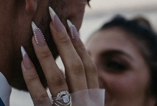Sculpted Long Almond Nails matte french Chrome with Pearls