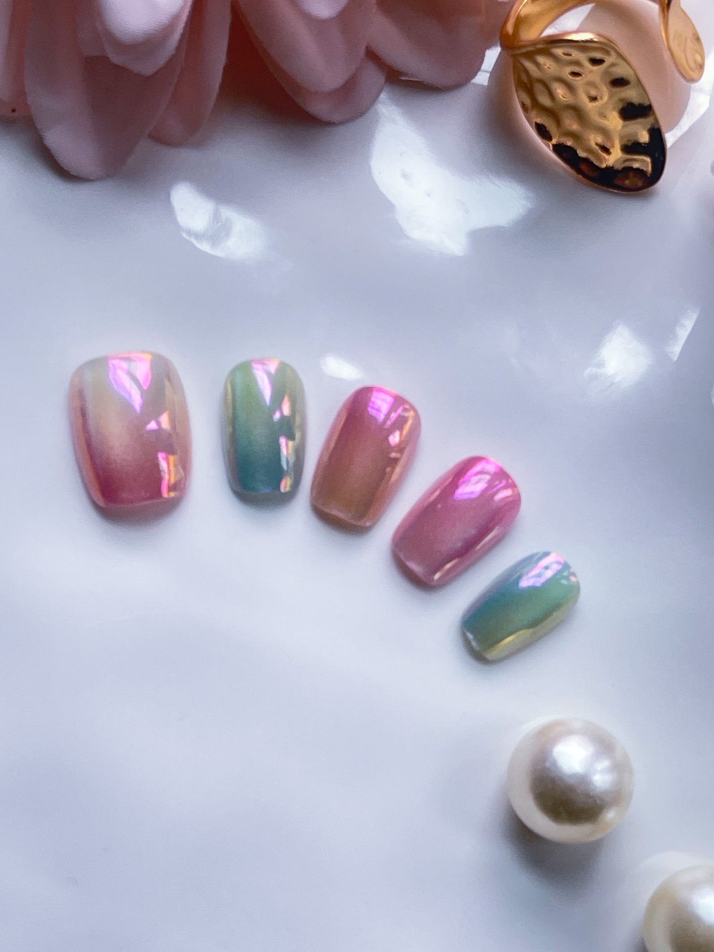 Opaline Reverie Extra Short Coffin Tips of Elegance Chrome multi color cat eye pastel colors