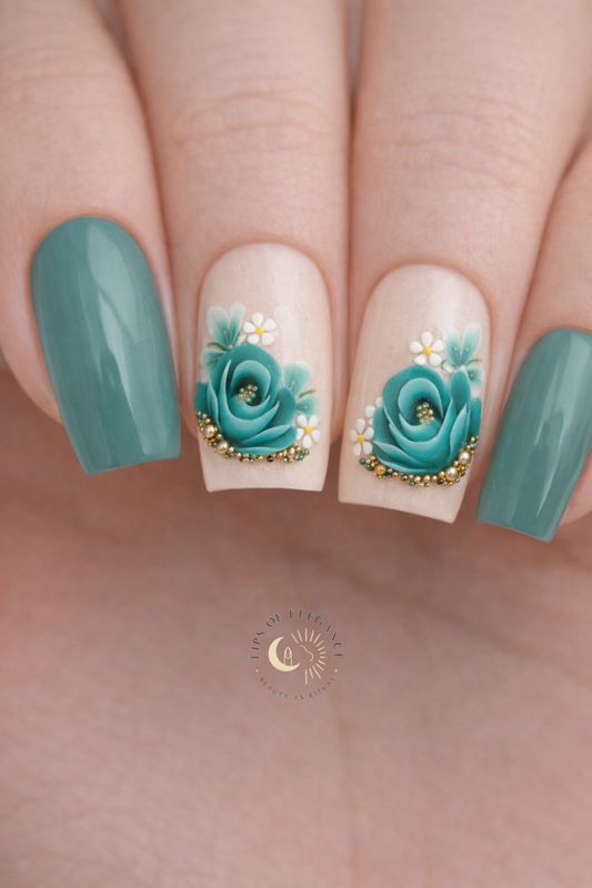 Nail Decals | Emerald Rose Chain | Luxury Handpainted Nail Art Decals
