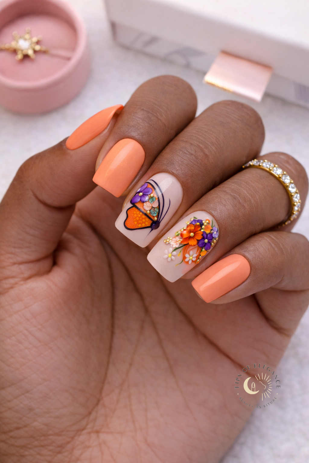 Nail Decals | Peachy Elegance | Luxury Handpainted Nail Art Decals